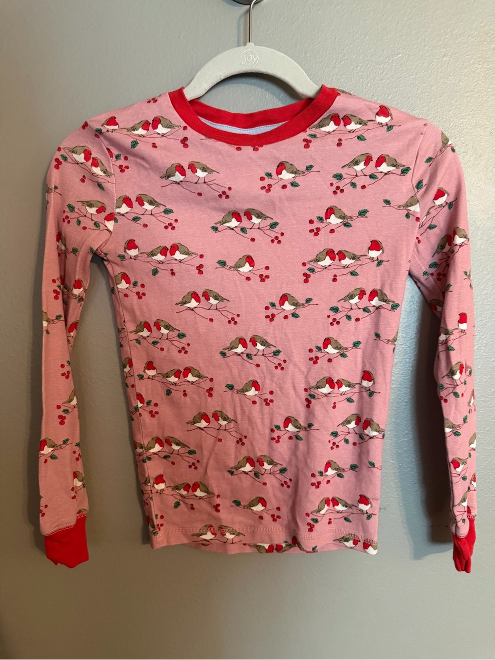 Mini Boden Pink Long-Sleeve Robin Print Pajama set with Red Trim